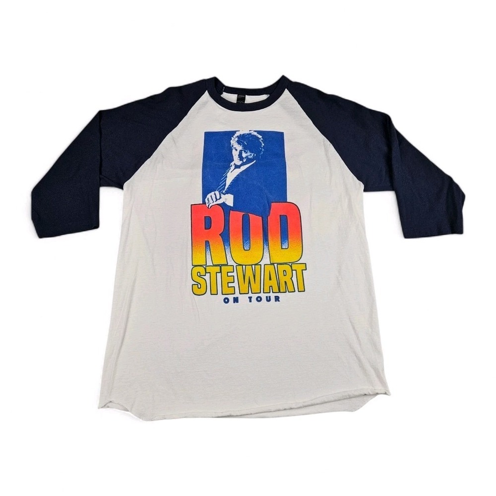 Rod Stewart On Tour Raglan Shirt Large Tultex 3/4 Sleeve Navy White Concert Tee